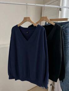 SHEIN LUNE Sweatshirt Fleece Leher V Kasual Wanita, Set 2 Potong, Cocok untuk Musim Gugur/Dingin - MultiWarna - View 3