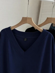 SHEIN LUNE Sweatshirt Fleece Leher V Kasual Wanita, Set 2 Potong, Cocok untuk Musim Gugur/Dingin - MultiWarna - View 4