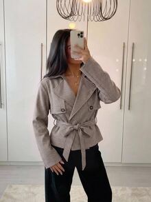 Aloruh 女款千鳥格領口長袖休閒風衣外套 - 咖啡棕 - 查看 1