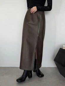 FRIFUL Women's Solid Color Slit Design Casual Daily Wear Skirt - Black - View 6