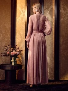 MOTF Soiréza WOMEN'S SOLID COLOR STAND COLLAR FAUX PEARL DECOR LANTERN SLEEVE PLEATED ELEGANT EVENING DRESS - Pink - View 4