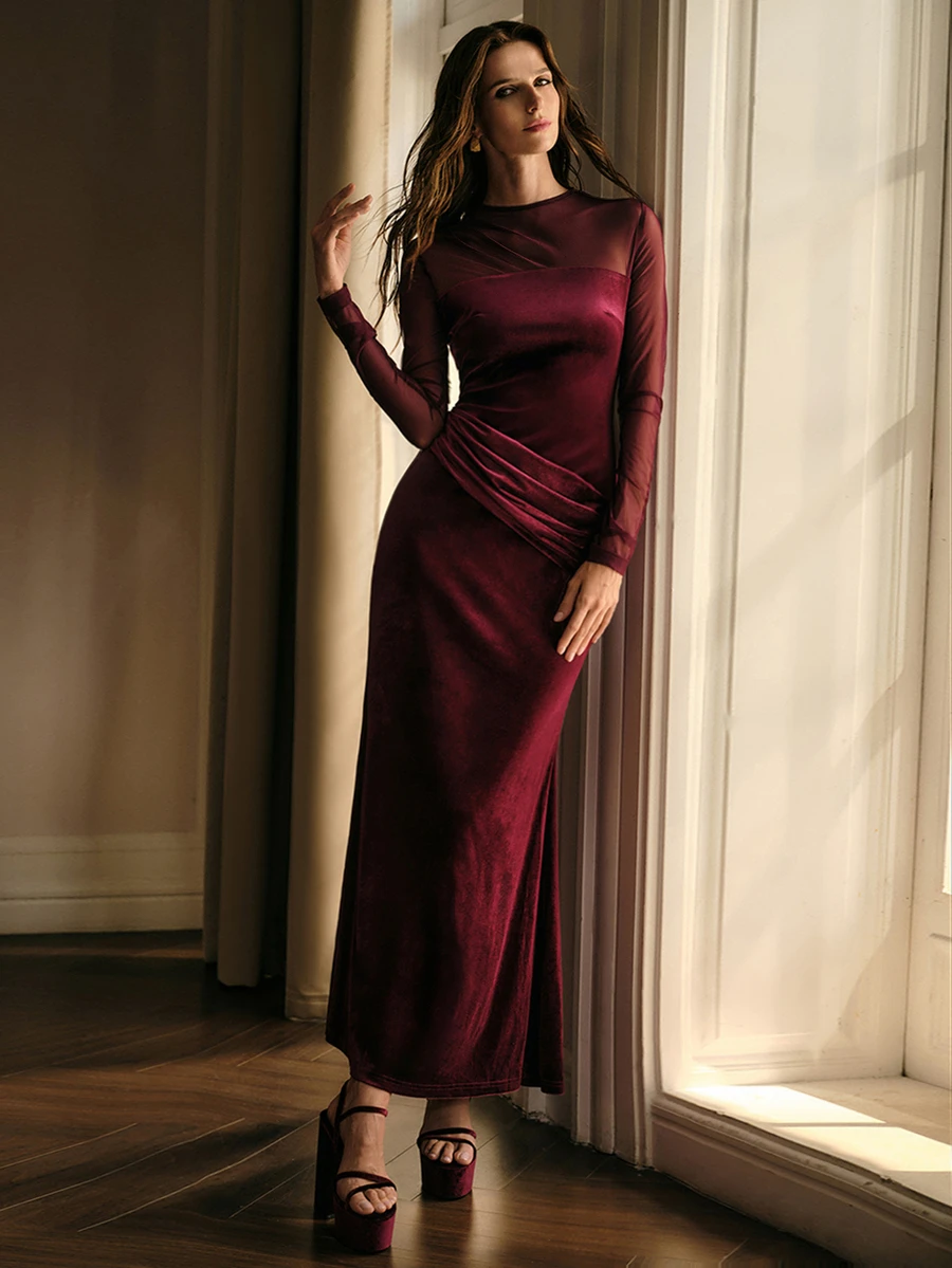 MOTF PREMIUM WOMEN'S CONTRAST MESH LONG SLEEVE PLEATED DESIGN SLIM FIT ELEGANT OCCASION MAXI DRESS - Burgundy - View 1