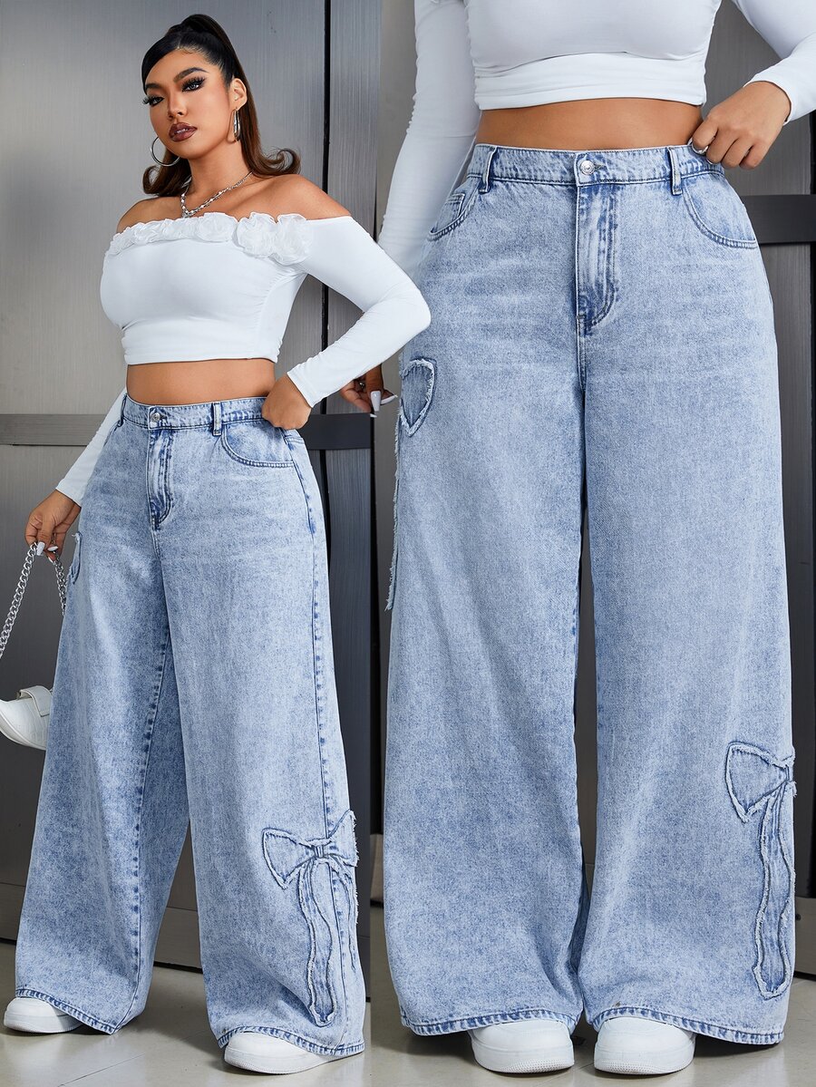 Sunspun Women's Casual Loose Straight Leg Patchwork Bow Embroidery Heavy Wash Denim Jeans - Light Wash - View 1