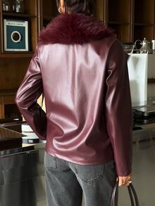 Aloruh Women's Autumn/Winter Burgundy PU & Fur Patchwork Jacket, Casual Versatile Outerwear - Burgundy - View 3