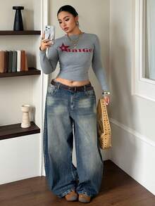 Dazy Plus Street Casual Distressed Vintage Washed Low Waist Blogger Style Long Denim Jeans Spring Autumn New - Blue - View 4