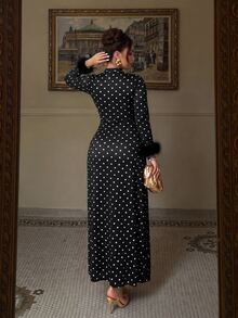 Cravure Plus Size Women's Autumn/Winter New Milk Silk Black Base Polka Dot Print Stand Collar Long Sleeve Feather Cuff Button Front Slit Long Mermaid Tail New Chinese Style Vintage Banquet Elegant Fashion Dress - Multicolor - View 2