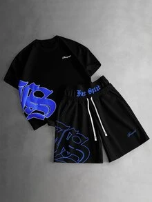 Manfinity Roghcode 男士街頭熱銷 INS 風格 TK 熱門 Pavtros 品牌 Free Spirit 印花白灰配色拼色雙腰帶短褲，舒適穿著 - 黑色 - 查看 3