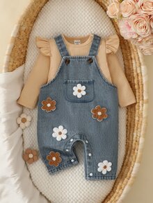 SHEIN 2pcs/Set Baby Girl Korean Style Fresh Floral Embroidered Denim Overalls Set, Flutter Sleeve Ribbed Long Sleeve T-Shirt, Exquisite Embroidery, Winter - Yellow - View 8