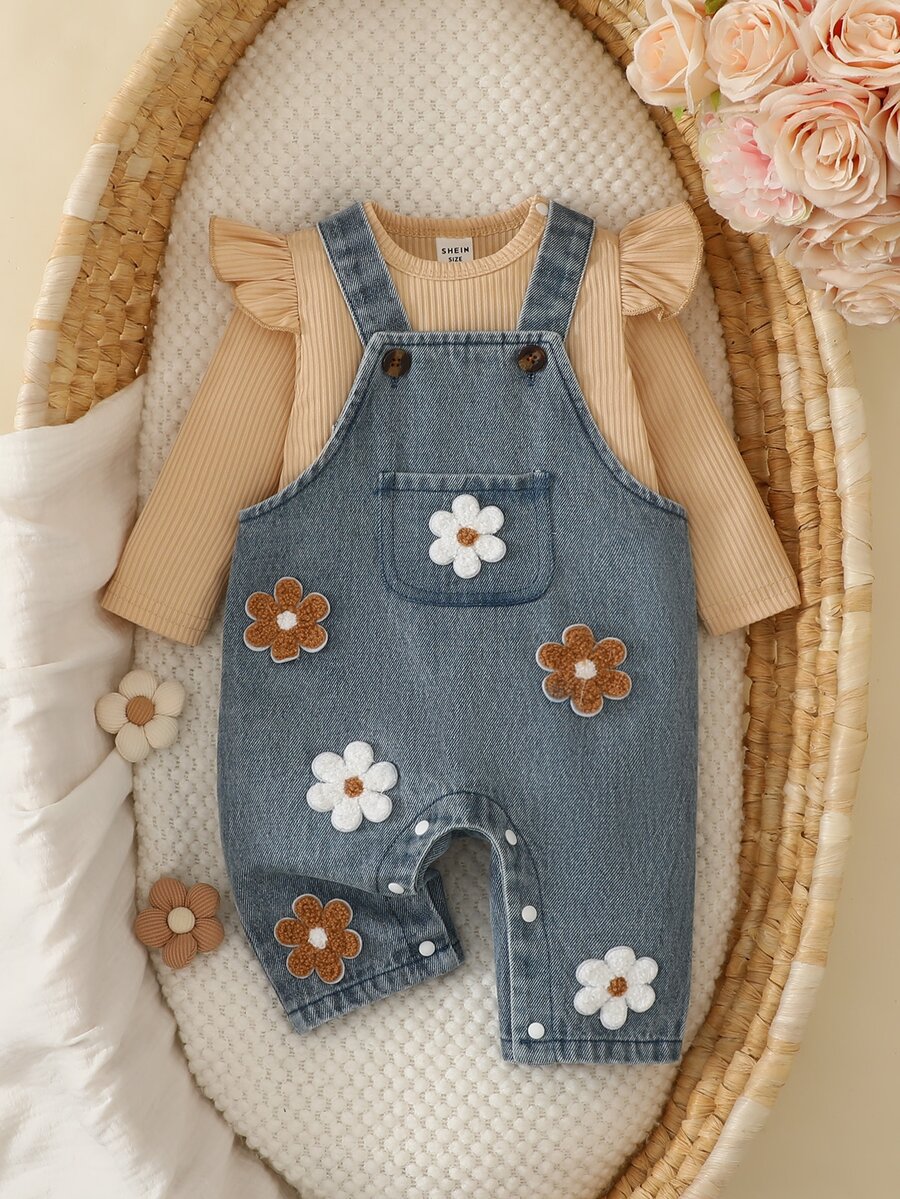 SHEIN 2pcs/Set Baby Girl Korean Style Fresh Floral Embroidered Denim Overalls Set, Flutter Sleeve Ribbed Long Sleeve T-Shirt, Exquisite Embroidery, Winter - Yellow - View 1