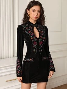 EastFlair Women's Floral Embroidery Hollow Design Frog Button Elegant Flare Sleeve Short Dress - Black - View 6