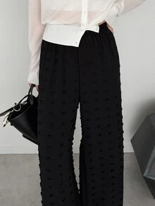 DAZY Women's Solid Color Elastic Waist Textured Wide Leg Long Pants - Dark Grey - View 4