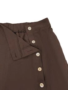 Linhara CURVE Plus Size Women's Brown Button-Front Design Elegant Casual Minimalist Versatile Elastic Waist Loose Wide Leg Pants Fall - Brown - View 5