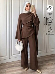 Elenzga Women's Standard Size Autumn Coffee-Colored Textured Pleated Fabric Set, Cross-Wrap Ribbon Flare Sleeve Top + High-Waist Slightly Flared Long Pants, Light Luxury Exquisite Minimalist Style, Suitable For Daily Commute, Dating, Casual Outings - Brown - View 1