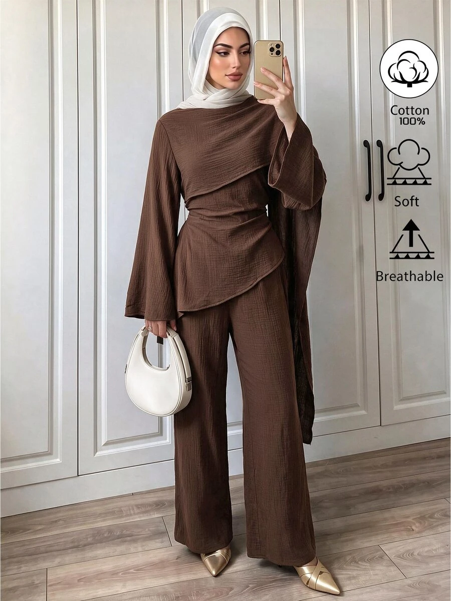 Elenzga Women's Standard Size Autumn Coffee-Colored Textured Pleated Fabric Set, Cross-Wrap Ribbon Flare Sleeve Top + High-Waist Slightly Flared Long Pants, Light Luxury Exquisite Minimalist Style, Suitable For Daily Commute, Dating, Casual Outings - Brown - View 1