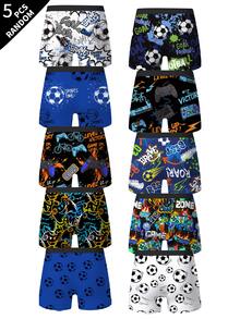 5 Random Boys Boxer Briefs, Multiple Game Console And Soccer Pattern Prints, Soft Skin-Friendly Fabric, Suitable For Older Boys - Grey - View 2