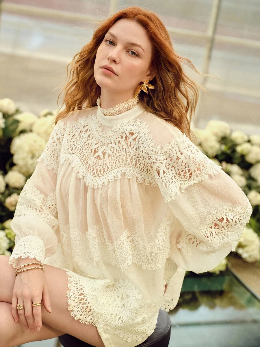 MOTF PREMIUM WOMEN'S AUTUMN STAND COLLAR LONG SLEEVE LACE PATCHWORK ROMANTIC DATE TOP - Apricot - View 2