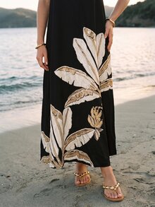 CAJUNI Chic Vacation Golden Palm Embroidery Elegant Open Back Maxi Dress - Black - View 3