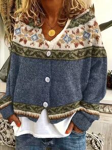 SHEIN Holidaya Fair Isle Jacquard Navy Blue Mixed Color Loose Casual Knit Cardigan - Navy Blue - View 1