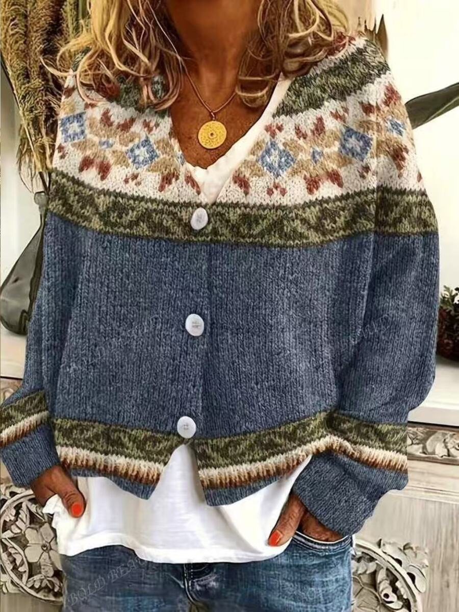 SHEIN Holidaya Fair Isle Jacquard Navy Blue Mixed Color Loose Casual Knit Cardigan - Navy Blue - View 1