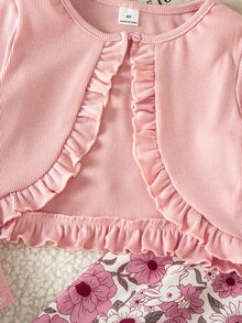 SHEIN Young Girl Solid Color Frill Trim Long Sleeve Open Front Jacket And Floral Print Spaghetti Strap Dress Set - Multicolor - View 3