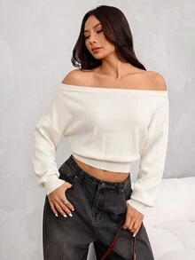 SHEIN PETITE 女款純色不對稱肩休閒性感優雅百搭日常長袖針織衫 夜店聚餐黑色秋季 - 白色 - 查看 3