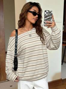 SHEIN EZwear 女款不對稱肩長袖寬鬆衛衣，條紋開學大學風圖案，休閒極簡日常百搭派對聚會機場穿搭 Y2K 上衣，女款秋季服飾，秋季穿搭，女款通勤穿搭，百搭上衣，外出穿搭，機場穿搭 - 彩色 - 查看 3