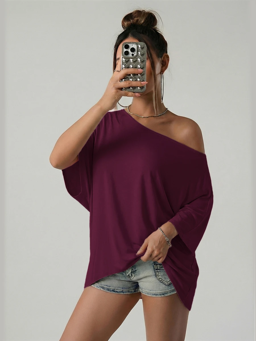 SHEIN ICON 美式街頭休閒寬鬆版型不對稱肩設計純黑色T恤 - 中紫紅色 - 查看 1