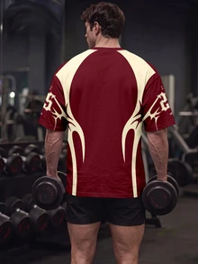 GymBeat Men's Burgundy Cream Color Block Short Sleeve T-Shirt, Gothic Letter Star Print Sports Jersey Style Loose Crew Neck Top - Multicolor - View 2