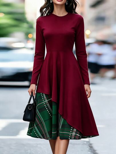Balvessa Women's Autumn/Winter Plaid Patchwork Christmas Long Sleeve Dress