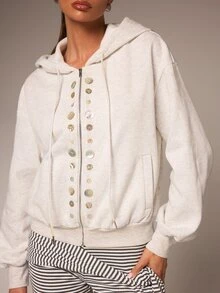 Athîral Women's Casual Hooded Long Sleeve Fitted Button-Up Sweatshirt, Suitable For Daily Wear, Dating And Gatherings - Grey - View 7