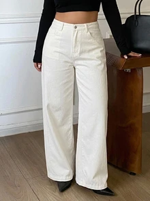 Dazy Plus White Loose Straight Leg Casual Jeans With Back Pocket Decor Design - White - View 4
