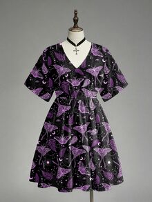 ROMWE Goth 深色嬉皮風蝴蝶刺繡太陽月亮星星暗黑龐克辣妹哥德神秘感V領大尺碼洋裝 - 黑色 - 查看 2