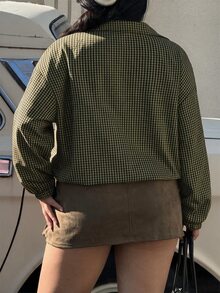 Muchica 法式格紋女款大尺碼夾克外套，休閒優雅，適合返校、辦公室、時尚與正式場合（秋冬） - 軍綠色 - 查看 2
