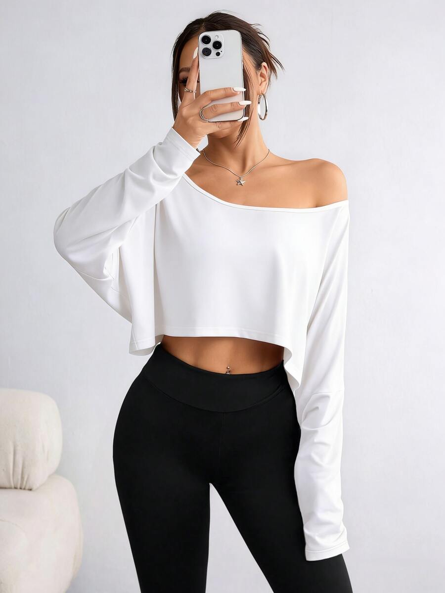 Elenzga Plus Size Women's Asymmetric Collar Long Sleeve Cropped Casual T-Shirt, Solid Color, Autumn Fall - Chocolate Brown - View 1