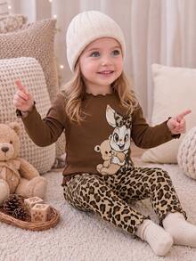 SHEIN Infant Toddler Cute Casual Knit Cartoon Pattern Leopard Print Long Sleeve Loungewear Set - Brown - View 7