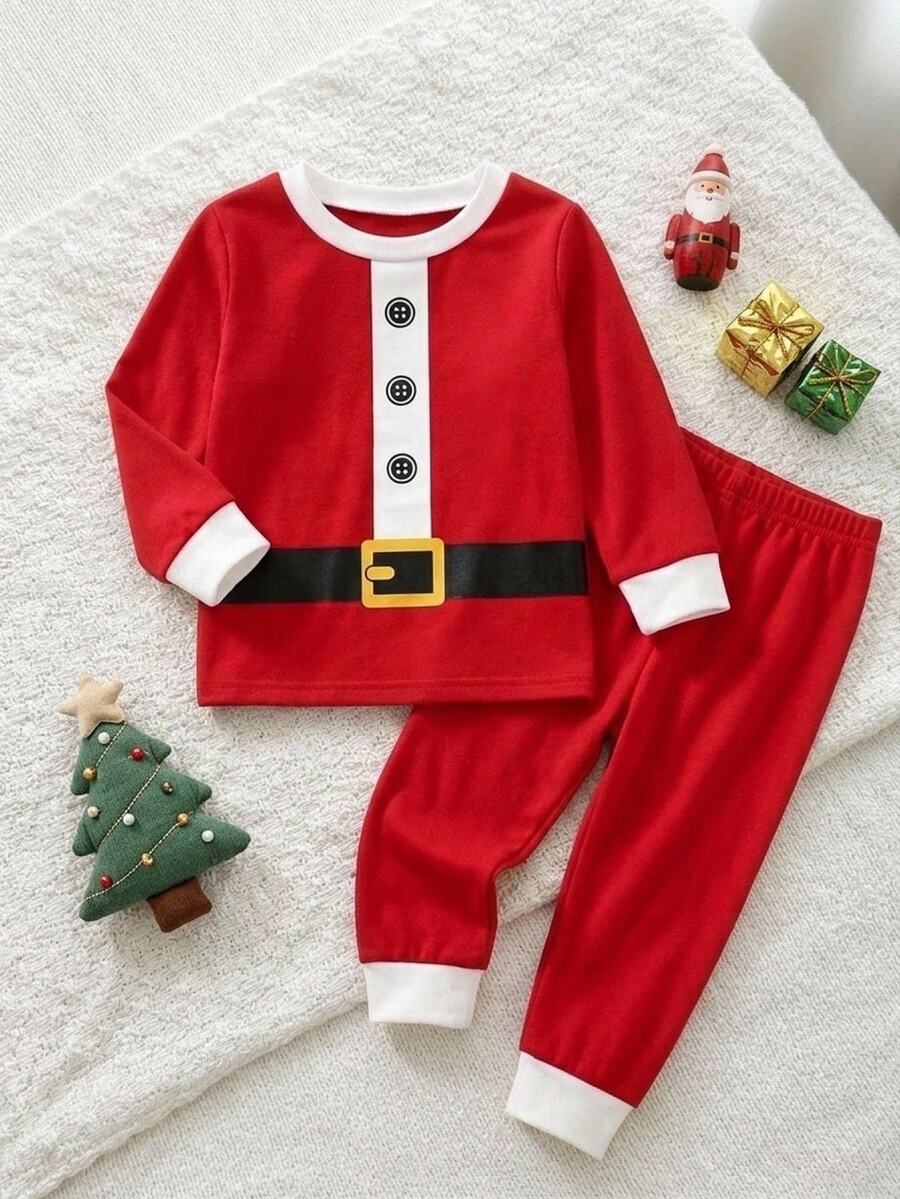 2pcs Baby Boy Baby Girl Baby Boy Color Block Santa Claus Pattern Knitted Soft Crew Neck Long Sleeve Pullover Top Elastic Waist Long Pants Suitable For Christmas - Multicolor - View 1