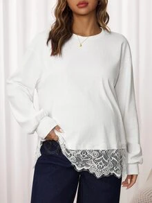 Slowluna Maternity Solid Color Round Neck Dropped Shoulder Long Sleeve Lace Hem Casual T-Shirt - White - View 1