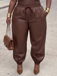 Slaydiva Plus Size Women's Solid Color PU Leather Casual Versatile Long Pants - Brown - View 9