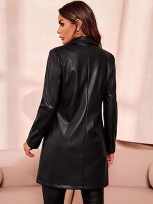 SHEIN Clasi 女款秋冬經典PU皮革中長版夾克，翻領雙排扣設計 - 黑色 - 查看 2