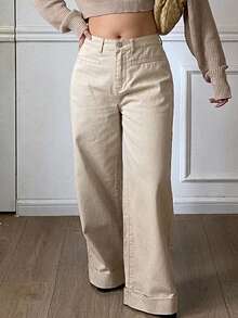 Dazy Plus Autumn Casual Loose Fit Slanted Pocket Loose Retro Wide Leg Long Pants All Season Denim Jeans Going Out Beach Cream - Apricot - View 6