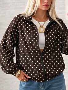 SHEIN EZwear 女款波點拉鍊休閒百搭長袖夾克 - 棕色 - 查看 1
