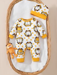 GARFIELD | SHEIN [Coffee Cat]1件+帽子 時尚趣味卡通咖啡貓圖案拼色圓領長袖連身衣，附可愛卡通咖啡貓圖案帽子，柔軟舒適 2件居家服套裝 - 黃色 - 查看 1