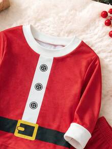 2pcs Baby Boy Baby Girl Baby Boy Color Block Santa Claus Pattern Knitted Soft Crew Neck Long Sleeve Pullover Top Elastic Waist Long Pants Suitable For Christmas - Multicolor - View 3