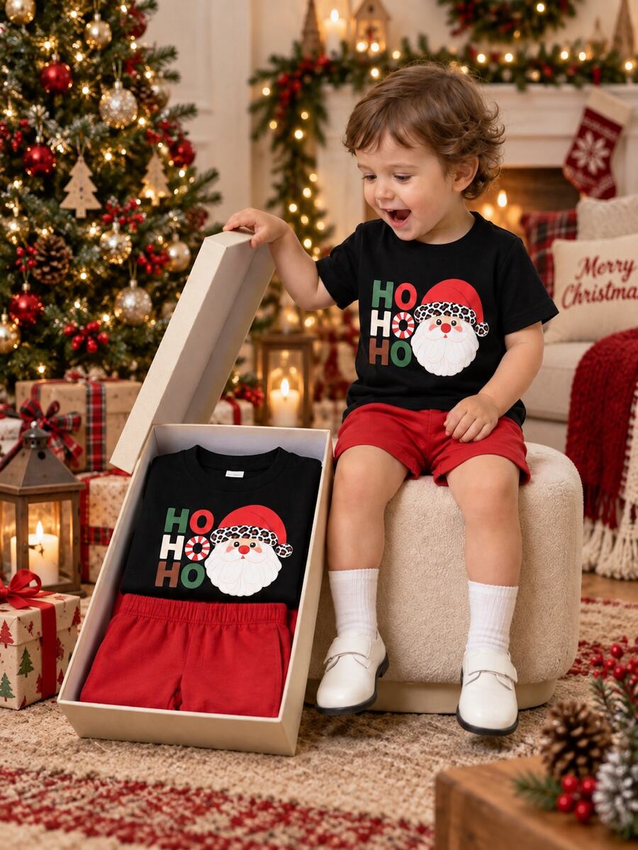 Young Boy Christmas Pattern Knitted Soft Crew Neck Short Sleeve Pullover T-Shirt Kids