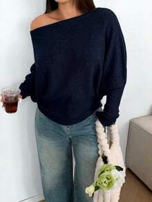 Sunnyshic Plus Size Sexy Off-Shoulder Solid Color Knit Sweater Fall - Navy Blue - View 6