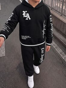 青少年男孩休閒極簡長袖連帽舒適衛衣2件套，適合秋冬，經典帥氣酷哥德文字圖案印花，帥氣街頭文化文字圖案印花，Y2K - 彩色 - 查看 2