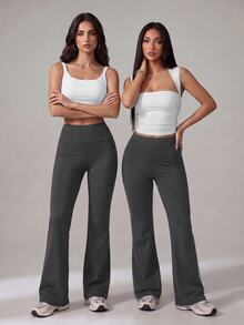 SHEIN Tall 女款素色修身百搭日常穿著喇叭褲 - 深灰色 - 查看 8