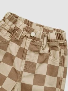 Elladie kids Denimly 女嬰簡約休閒戶外學院風百搭丹寧彈性腰格紋水洗牛仔長褲 - 棕色 - 查看 3