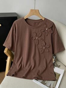 Dazy Plus Kaos Pullover Pendek Kasual Leher Bulat dengan Dekorasi Bunga 3D untuk Anak Perempuan - Coklat - View 4