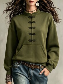 Wandoria Áo nỉ nữ phong cách Trung Quốc mới, cổ đứng cài nút ếch, có túi, kiểu áo Tang cải biên retro dáng rộng vai trễ, phong cách thường ngày cho mùa thu/đông - màu xanh lá - Xem 2